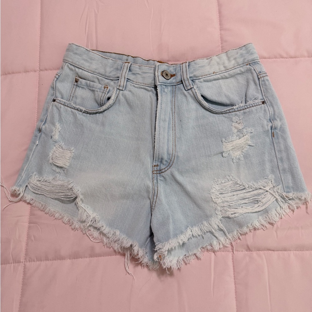 Zara Light Blue Distressed Jean Shorts